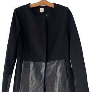 Ecru Coat Jacket Size 6 Longline Collarless Faux Leather Snap Button Black